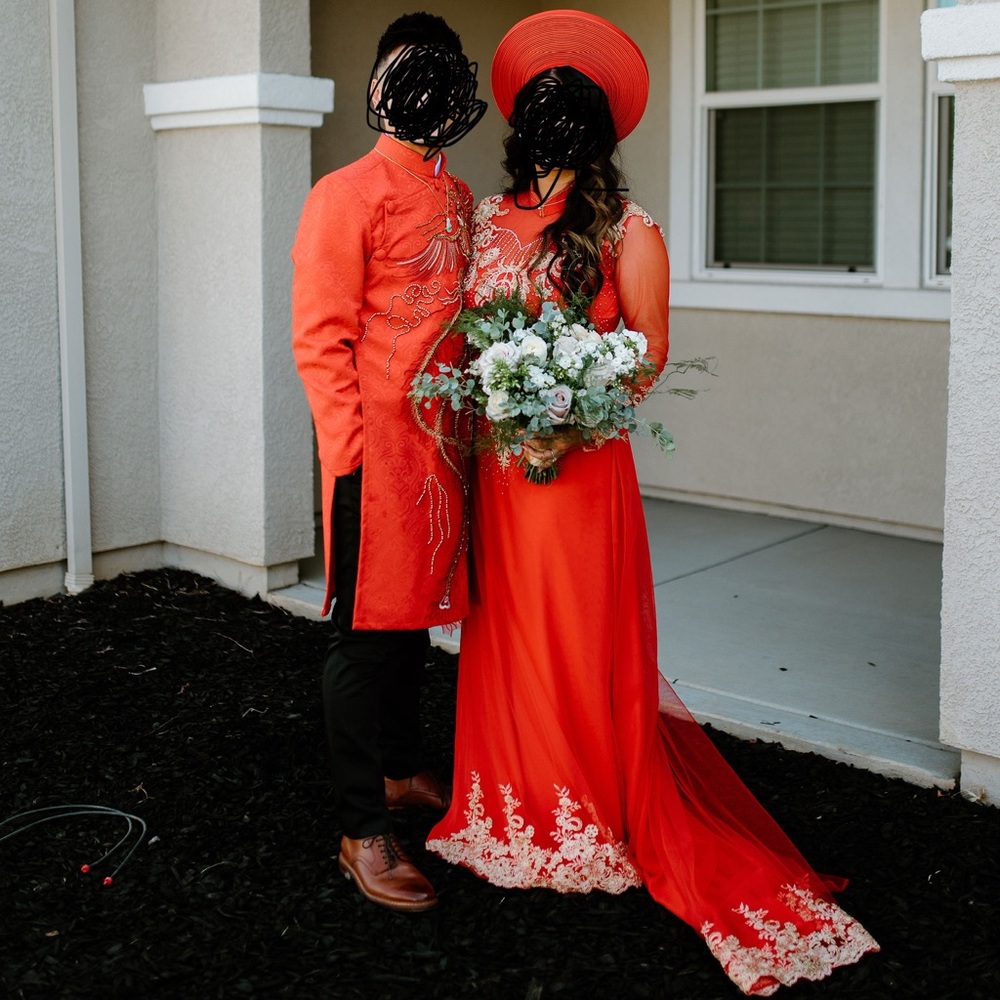 Both Red Ao Dai - Vietnamese Tea Ceremony Outfit (Bride & Groom)